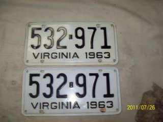 UP FOR AUCTION IS A SET OF 1963 VIRGINIA LICENSE PLATES. 532 971. GOOD 