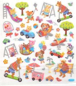 Animals playing on playground park w/ silver glitter accented stickers 