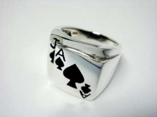 925 Sterling Silver Men Black Jack Poker Card Game Ring  