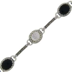   Sterling Silver Marcasite Mother of Pearl Black Onyx Bracelet Jewelry