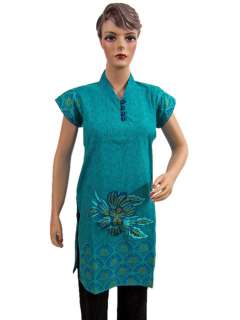   Women Kurti Kurta Tunic Modest Shirt Turquoise Blue Knee length Top L
