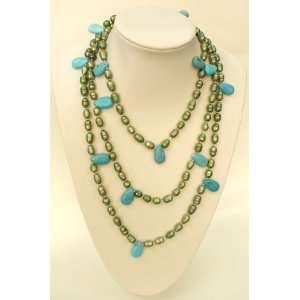  Pearl Necklace w/ Semi precious Stone Turquoise in 70 Inch 