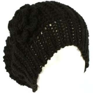   Slouchy Crochet Flower Knit Beanie Skull Stretchy Ski Cap Hat Black