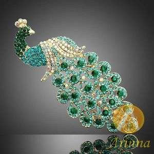   Ladies Emerald Sapphire Peacock Swarovski Crystal Brooch Pin Gold GP