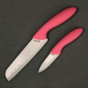  SRG 2pc Pink Handle Santoku/Parer Set Non Stick White Ceramic Blade 