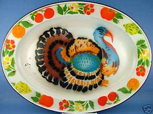 Vintage Enameled Metal Colorful Turkey Tray Platter  