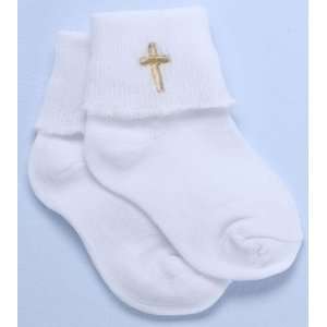 Christening Baptism Baby Infant Socks with Gold Cross Emblem, White