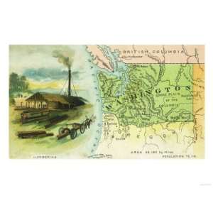  Map View of the State with a Lumbering Scene   Washington 
