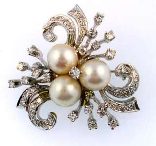 Estate Vintage 14K White Gold Diamond Pearls Brooch Pin  