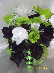 Bridal Bouquet Package Lime Green Black Silk Wedding Flowers 