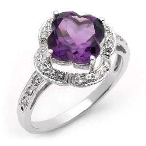  18k White Gold Clover Shaped Amethyst and Diamond Ring 